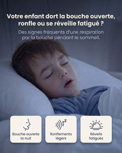 Enfant endormi la bouche ouverte, avec trois pictogrammes : bouche ouverte, ronflements légers, réveils fatigués