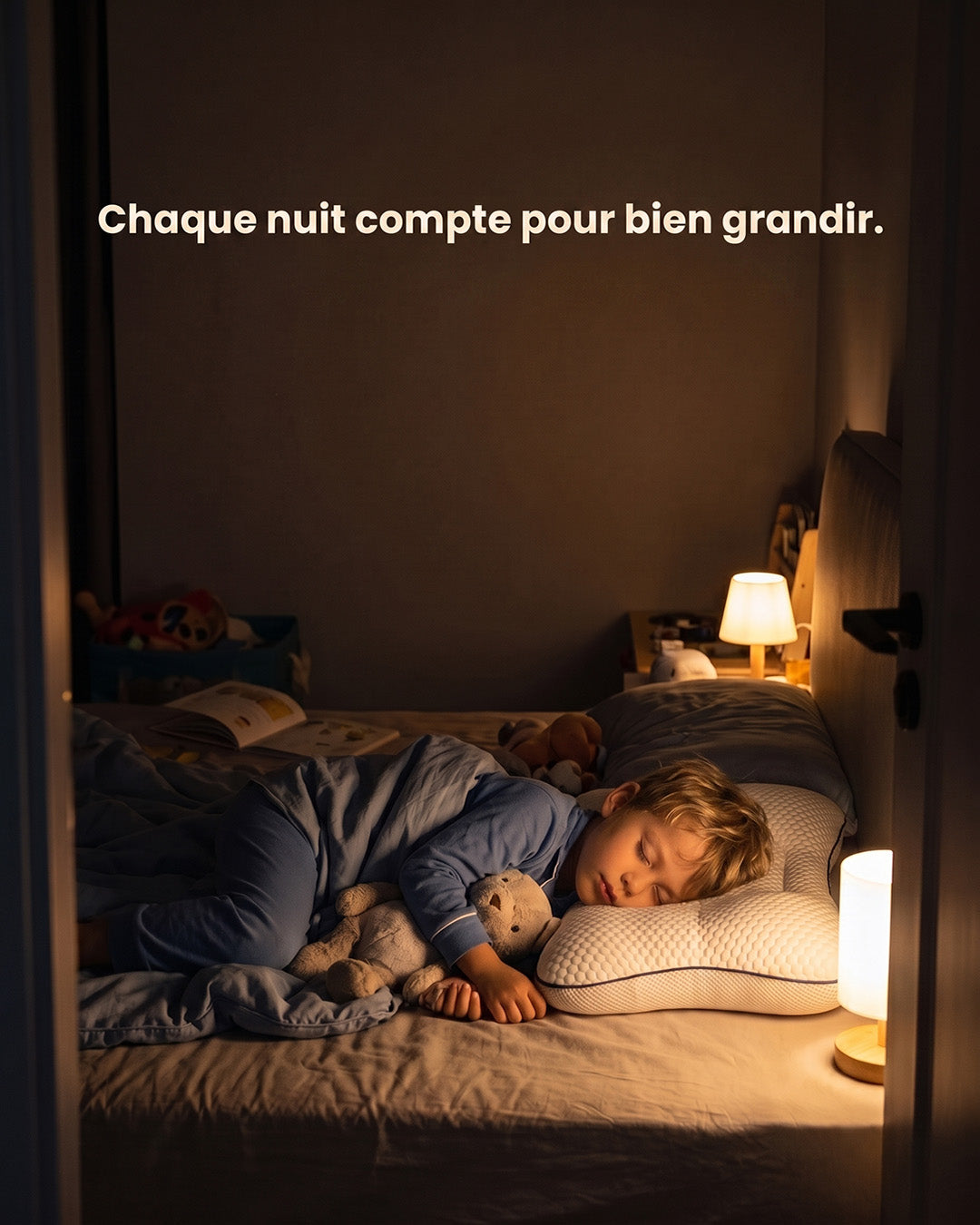 Enfant endormi avec son doudou sur l'oreiller Lunillow, chambre éclairée par une lampe