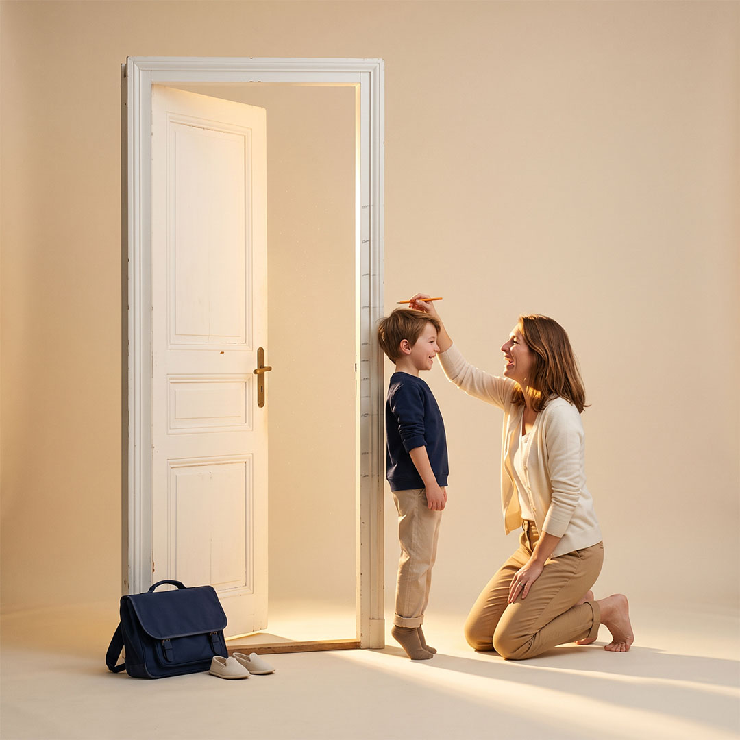 Mère mesurant la taille de son fils contre un chambranle de porte Image