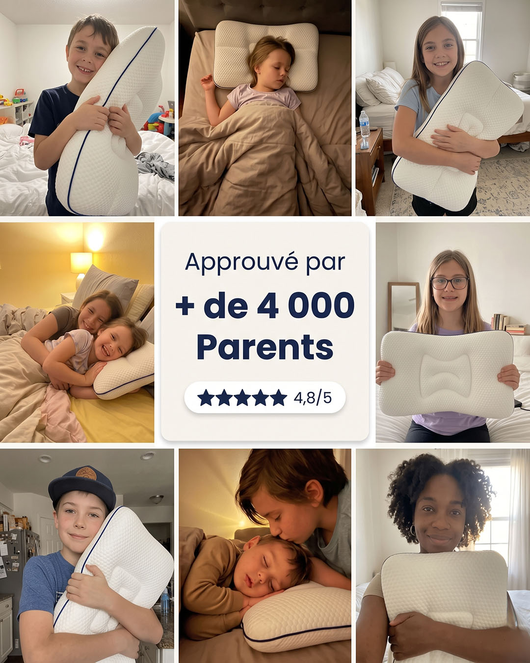 Mosaïque de photos d'enfants tenant ou utilisant l'oreiller Lunillow