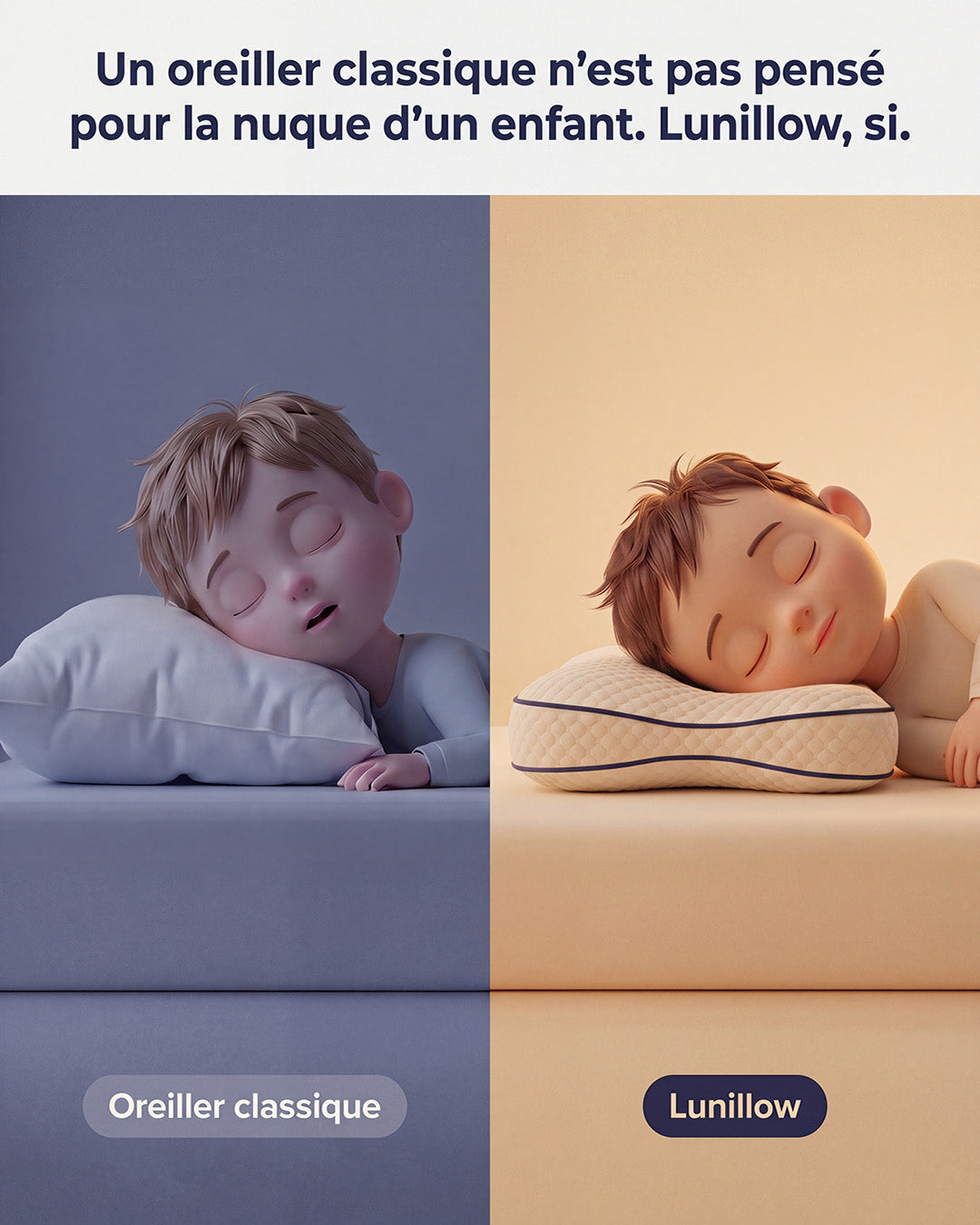 Comparaison illustrée : un enfant sur un oreiller classique, un enfant sur l'oreiller Lunillow